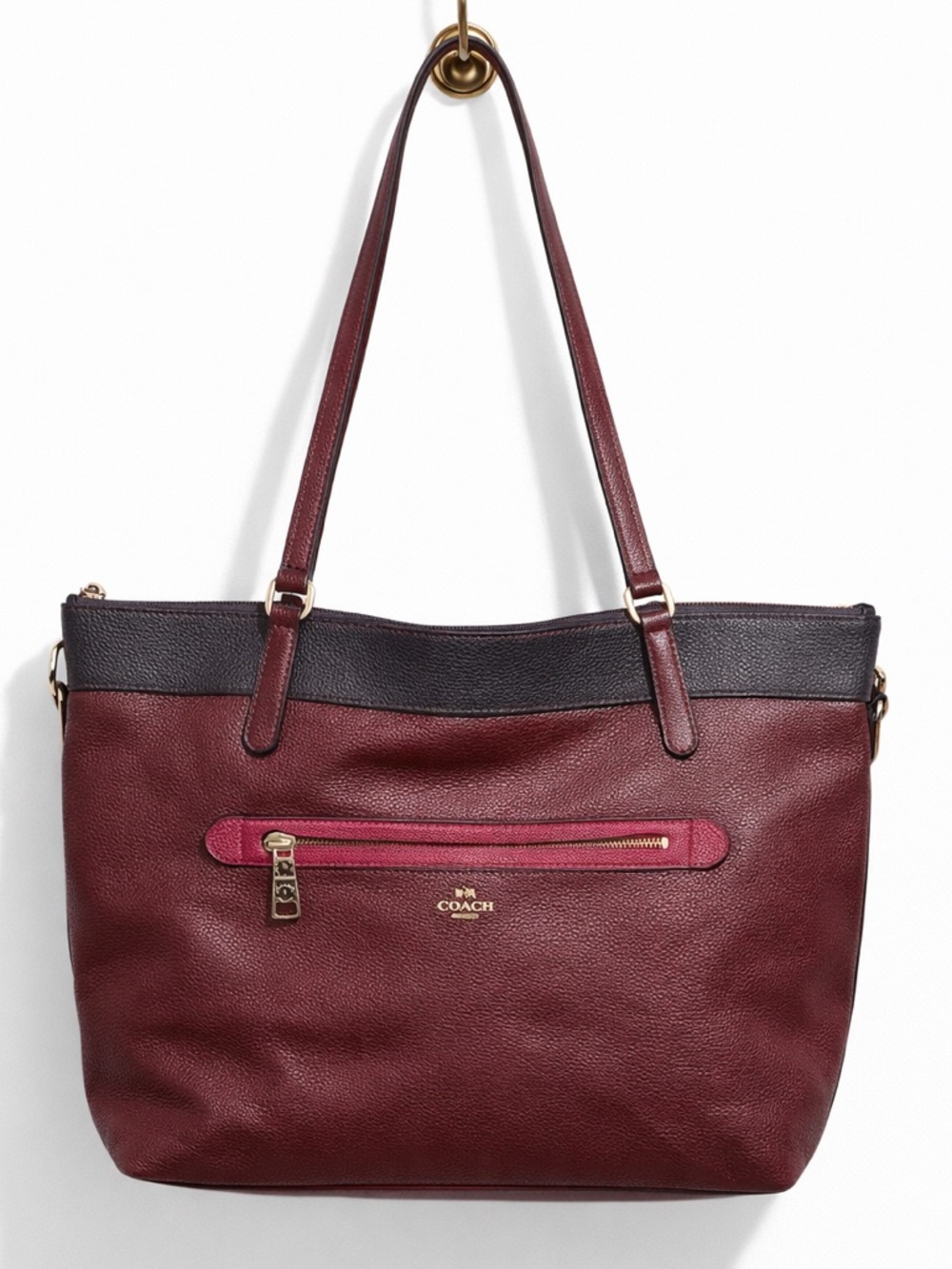 Coach Tyler Colorblock Pebbled Leather Tote in burgundy and purple